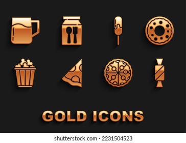 Set Slice of pizza, Donut, Candy, Pizza, Popcorn in box, Ice cream, Wooden beer mug and Online ordering delivery icon. Vector