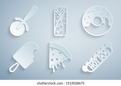 Set Slice of pizza, Donut, Ice cream, Hotdog sandwich, Burrito and Pizza knife icon. Vector