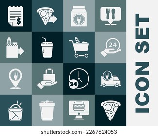 Set Slice of pizza, Fast delivery by car, Clock 24 hours, Online ordering and, Coffee cup to go, Paper financial check and Shopping cart food icon. Vector