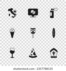 Set Slice of pizza, French baguette bread, Pope hat, Carnival mask, Perfume, Map Italy, Flag and Ice cream in waffle icon. Vector