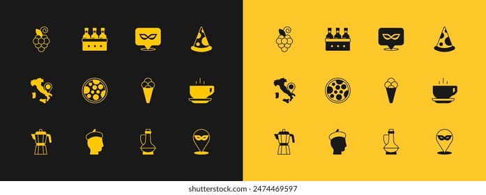 Set Slice of pizza, French man, Ice cream in waffle, Bottle olive oil, Pizza, Carnival mask, Grape fruit and Bottles wine icon. Vector