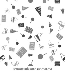 Poner rebanadas de pizza , Silla de fritura , Botella de vidrio con leche y vidrio y Cookbook en un patrón sin fisuras. Vector