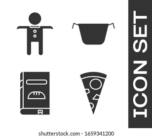 Set Slice of pizza , Holiday gingerbread man cookie , Cookbook  and Cooking pot  icon. Vector