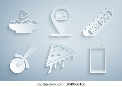 Set Slice of pizza, Hotdog sandwich, Pizza knife, Aluminum can, Location with burger and Nachos plate icon. Vector
