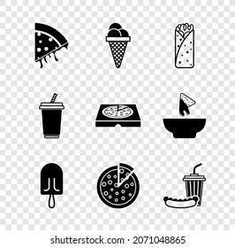 Set Slice of pizza, Ice cream in waffle cone, Burrito, Pizza, Soda and hotdog, Glass with water and cardboard box icon. Vector
