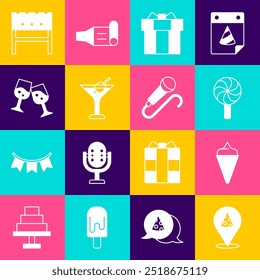 Set Slice of pizza, Ice cream in waffle cone, Lollipop, Gift box, Martini glass, Glass champagne, BBQ brazier and Microphone icon. Vector