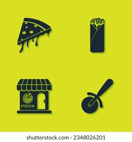 Set Slice of pizza, Pizza knife, Pizzeria building facade and Burrito icon. Vector