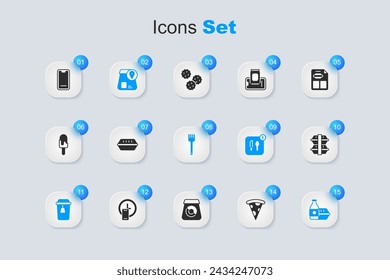 Set Slice of pizza, Lunch box, Online ordering food, Cup tea, Food on mobile and Fork icon. Vector