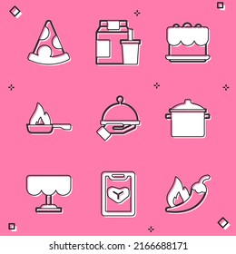 Set Slice of pizza, Online ordering and delivery, Cake, Frying pan, Covered with tray food, Cooking pot, Wooden table and Restaurant cafe menu icon. Vector