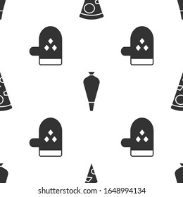 Set Slice of pizza , Pastry bag for decorate cakes and Oven glove  on seamless pattern. Vector