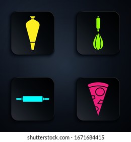 Set Slice of pizza , Pastry bag for decorate cakes, Rolling pin  and Kitchen whisk . Black square button. Vector
