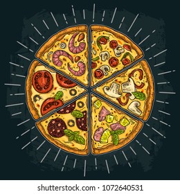 Set slice pizza Pepperoni, Hawaiian, Margherita, Mexican, Seafood, Capricciosa with rays. Vintage vector color engraving illustration for poster, menu, box. Isolated on dark background