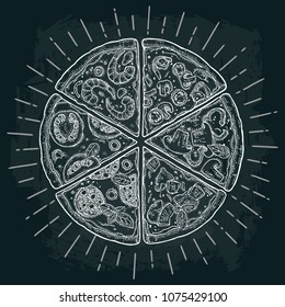 Set slice pizza Pepperoni, Hawaiian, Margherita, Mexican, Seafood, Capricciosa with ray. Vintage vector white engraving illustration for poster, menu, box. Isolated on dark background