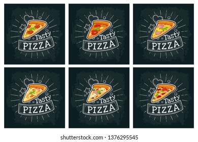 Set slice pizza Pepperoni, Hawaiian, Margherita, Mexican, Seafood. Vintage vector color flat icon with ray and lettering for poster, web, menu, box. Isolated on dark background