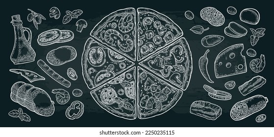 Set slice pizza Pepperoni, Hawaiian, Margherita, Mexican, Seafood, Capricciosa with ingredients. Vintage vector engraving