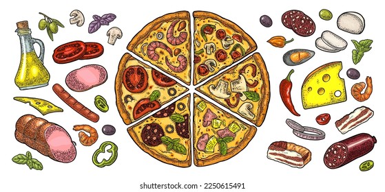 Set slice pizza Pepperoni, Hawaiian, Margherita, Mexican, Seafood, Capricciosa with ingredients. Vintage vector color engraving illustration for poster, menu, box. Isolated on white