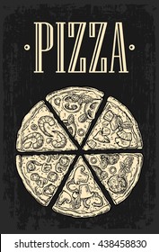 Set slice pizza Pepperoni, Hawaiian, Mexican, Seafood, Capricciosa. Vintage vector engraving illustration for poster, menu, box. Isolated on dark background