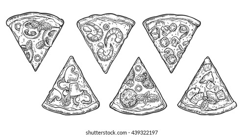 Set slice pizza Pepperoni, Hawaiian, Margherita, Mexican, Seafood, Capricciosa. Vintage vector engraving illustration for poster, menu, box. Isolated on white background