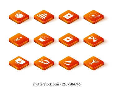 Set Slice of pizza, Piece cake, Champagne bottle, Muffin, Party hat, Shopping bag with heart, Martini glass and Gamepad icon. Vector