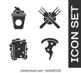 Set Slice of pizza, Popcorn in cardboard box, Sandwich and Crossed fork icon. Vector