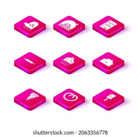 Set Slice of pizza, Pretzel, Rolling pin, Cupcake, Kitchen brush, apron, Cookbook and Brick stove icon. Vector