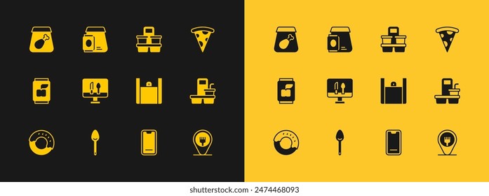 Set Slice of pizza, Spoon, Online ordering food, Food mobile, Coffee cup to go, meal and  icon. Vector