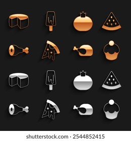 Set Slice of pizza, Watermelon, Muffin, Roasted turkey or chicken, Chicken leg, Tomato, Cheese and Ice cream icon. Vector