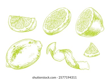 Set of slice and whole lemon, peel or zest of Lemon and isolated on white background. Vector ink vintage engraving illustration for menu, web and label. Hand drawn in a graphic linear drawing citrus.