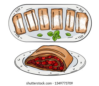 Set slice and whole Viennese cherry strudel isolated on white background