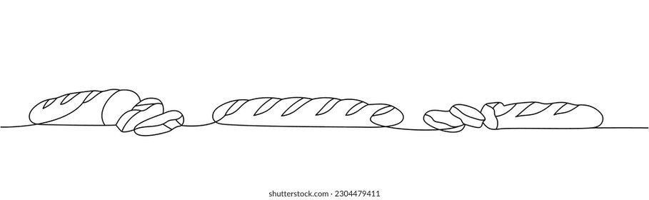 Set of sliced baguette one line continuous drawing. Whole grain and wheat bread, ciabatta, french baguette continuous one line illustration.