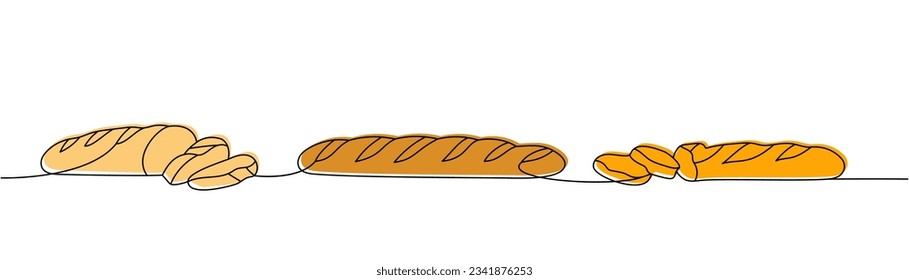 Set of sliced baguette one line colored continuous drawing. Whole grain and wheat bread, ciabatta, french baguette continuous one line illustration.