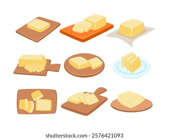 Set of sliced butter collection, pieces of butter, margarine, spreads on a wooden cutting board and on a plate, Butter as Dairy Product Made of Milk or Cream, vector illustration, isolated objects.