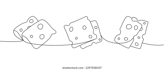 Conjunto de queso en rodajas de una línea de dibujo continuo. Los productos de queso son una ilustración continua de una línea. Ilustración lineal minimalista del vector.