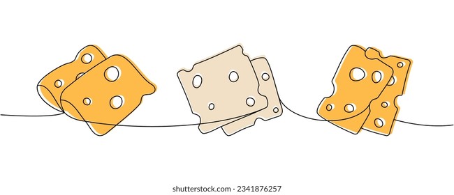 Set of sliced cheese one line colored continuous drawing. Cheese products continuous one line illustration. Vector minimalist linear illustration.