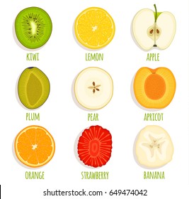 Set of sliced fruit. Vector icon collection of fruit cut in half, slide circle, cross section.