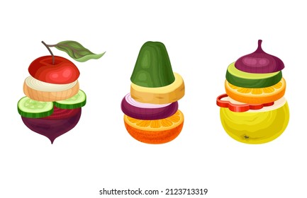 Conjunto de frutas y verduras en rodajas. Cupepino, manzana, cebolla, naranja, remolacha, rodajas redondas de papel en la ilustración vectorial de pila