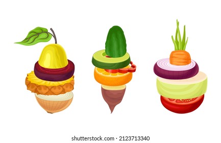 Set of sliced fruit and vegetables. Cucumber, pineapple, tomato, pepper, pear, beetroot, carrot round slices in stack vector illustration