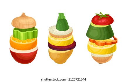 Set of sliced fruit and vegetables. Cucumber, pineapple, tomato, pepper, lemon, beetroot, carrot round slices in stack vector illustration