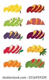 A set of Sliced fruits, Cross section of Starfruit, Carambola, plum, Annona, Sweet potato, Passion Fruit, Apple, Pineapple, Kumquat, Watermelon, simple flat vector illustration.