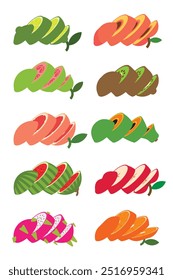 A set of Sliced fruits, Cross section of Sweet lime, Green lemon, Peach, Guava, Kiwi, Grapefruit, Papaya, Watermelon, Apple, White Dragon fruit, Tangerine, Mandarin, simple flat vector illustration.