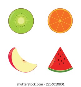 Set of sliced fruits. Kiwi, orange, apple, watermelon. Fruit icon.