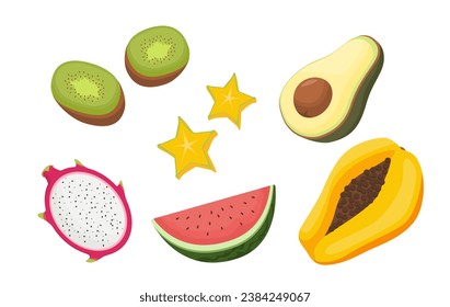 Set of sliced fruits. Kiwi, watermelon, avocado and dragon fruit. Tasty and juicy natural food with vitamins. Summer season dessert. Cartoon flat vector collection isolated on white background