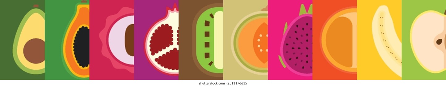 A set of Sliced fruits, longitudinal section of Avocado, Papaya, Litchi, Pomegranate, Kiwi, Cantaloupe, Melon, Fleshed Dragon fruit, Persimmon, Banana, Apple, 
simple flat vector illustration.