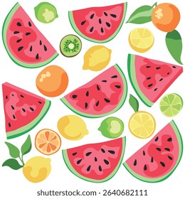 Set of sliced ​​juicy fruits. Watermelon, lemon, orange, lime and kiwi with juicy greens. Isolated fruits without background. Citrus fruits. Set of stickers.