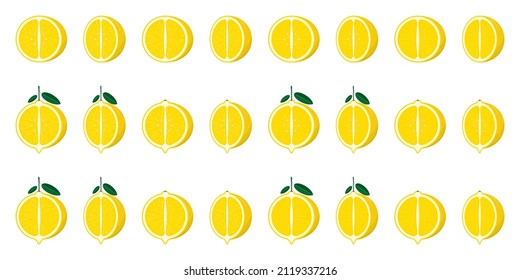 A set of sliced lemon halves from different angles. Citrus fruits with seeds and leaves. Variable slice texture. Isolated vector illustration.