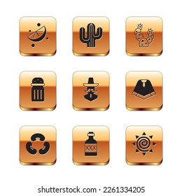 Set Sliced lime, Beans, Tequila bottle, Mexican man sombrero, Salt, Cactus, Sun and  icon. Vector