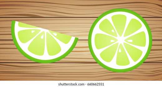 Set of sliced limes isolated on wooden background. Vector.