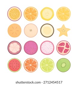 Um conjunto de ​frutas fatiadas em um fundo branco. ​ Alimentação saudável. Alimentos ricos em vitaminas. Limão, limão, banana, caquis, maracujá, laranja.