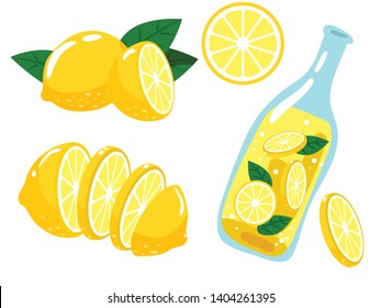 Set of sliced in pieces fresh lemons,  Lemon juice in a glass bottle, Fresh lemon fruits vector illustration isolated on white background.