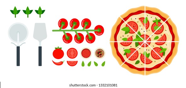 Set Of Sliced ​​​Margarita Pizza, Hot Chili Pepper, Tomato Sauce, Cherry Tomatoes, Basil Leaves With A Knife And Pizza Spatula In A Row Flat Single Icon Vector Isolated On White